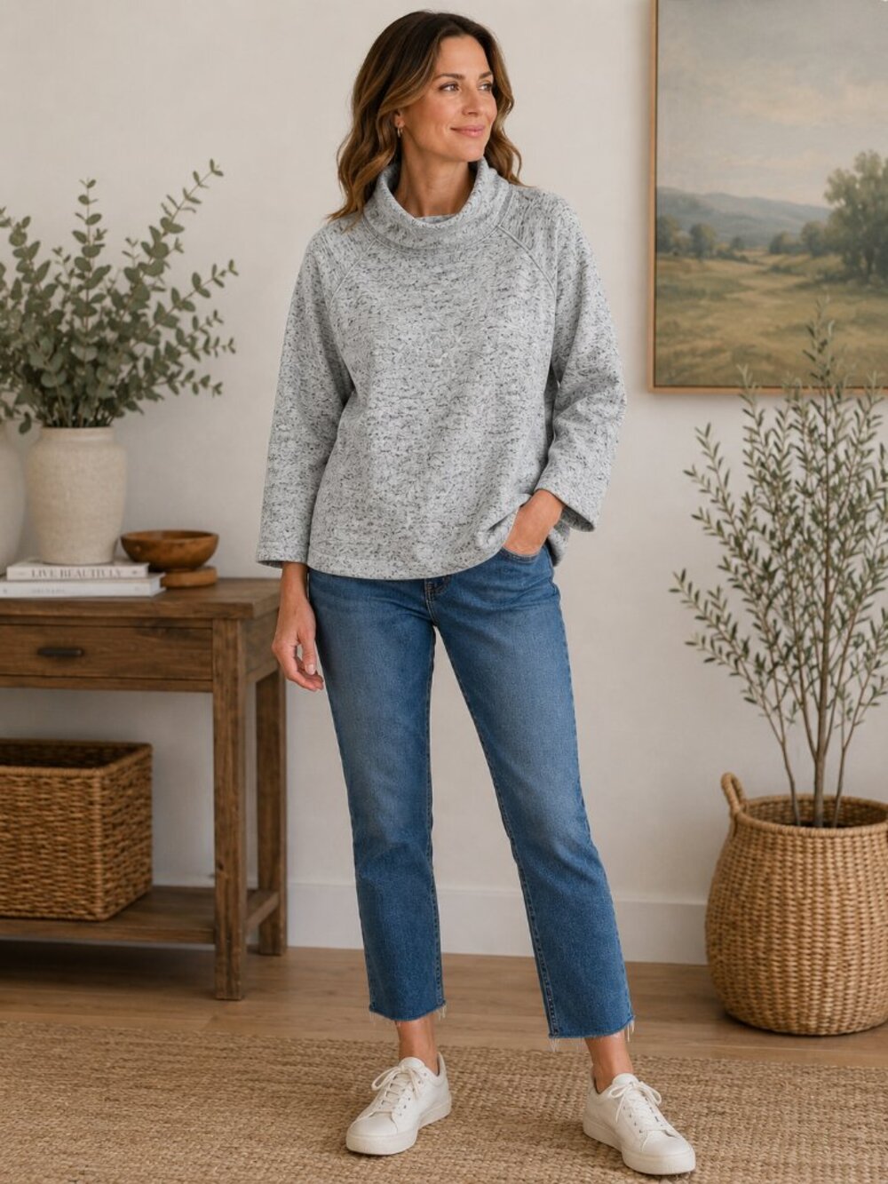 T by Talbots Heather Gray Cowl Neck Pullover Sweatshirt Women's Large Cozy 1048